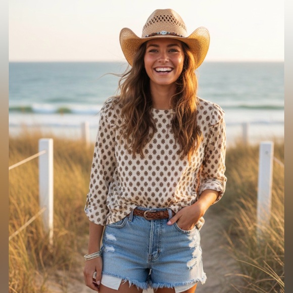 NWT‎ Democracy Cream and Brown Patterned Long Sleeve Top size L - Picture 7 of 14